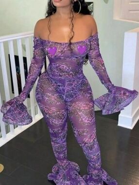 Purple Paisley Off-Shoulder Sheer Jumpsuit